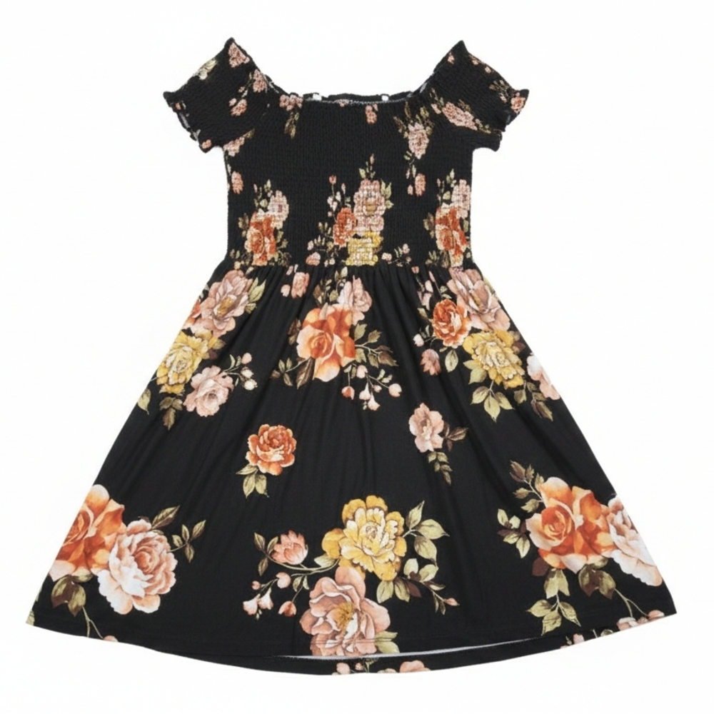Elegant Floral Midi Dress in Black and Yellow